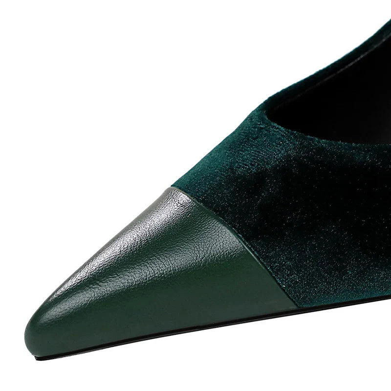 Pointed Heel Shoes with Velvet and Faux Leather Buckle Decoration - Mabel