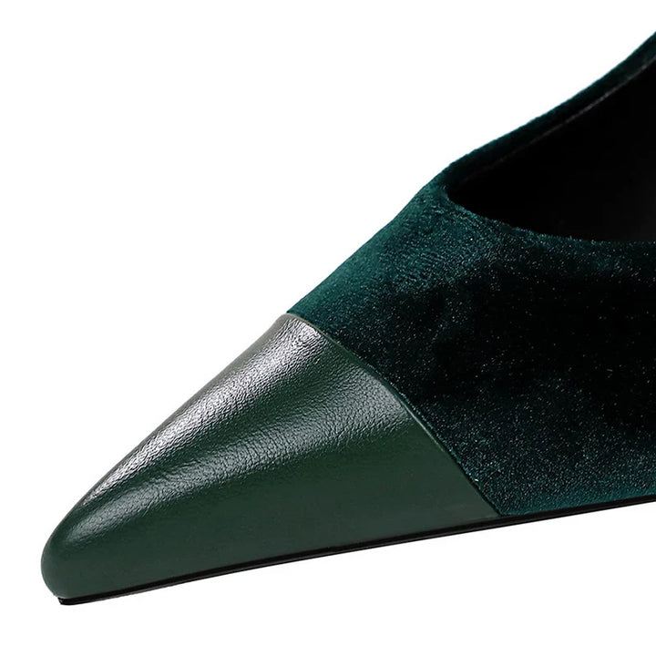 Pointed Heel Shoes with Velvet and Faux Leather Buckle Decoration - Mabel