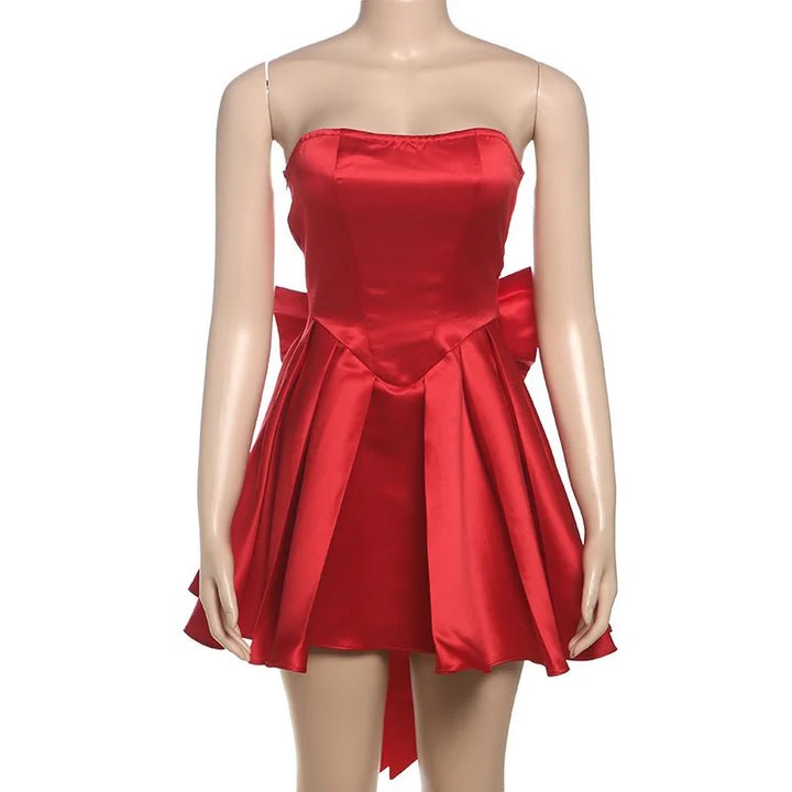 Strapless satin mini dress in A-line cut with back bow detail - Taisia