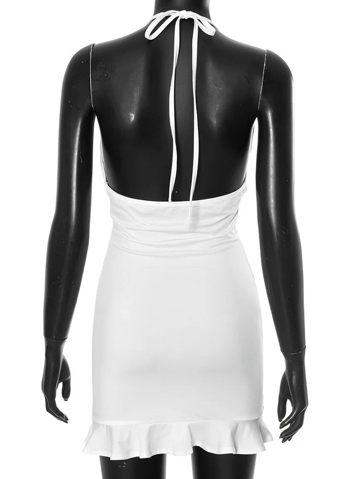 Mini dress with neck tie, deep V neckline decorated with gold shell buckle - Astraja