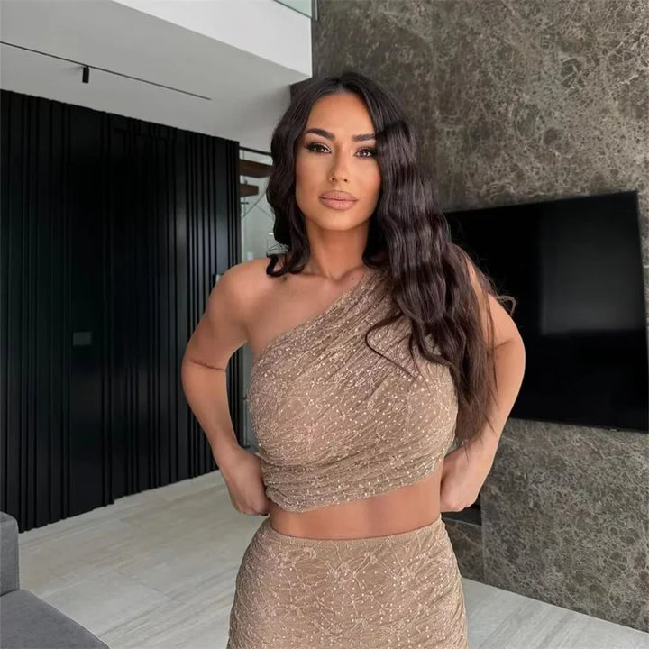 Two-piece set with one-shoulder top and midi skirt with pleats, lace, and rhinestone decoration - MELLISA