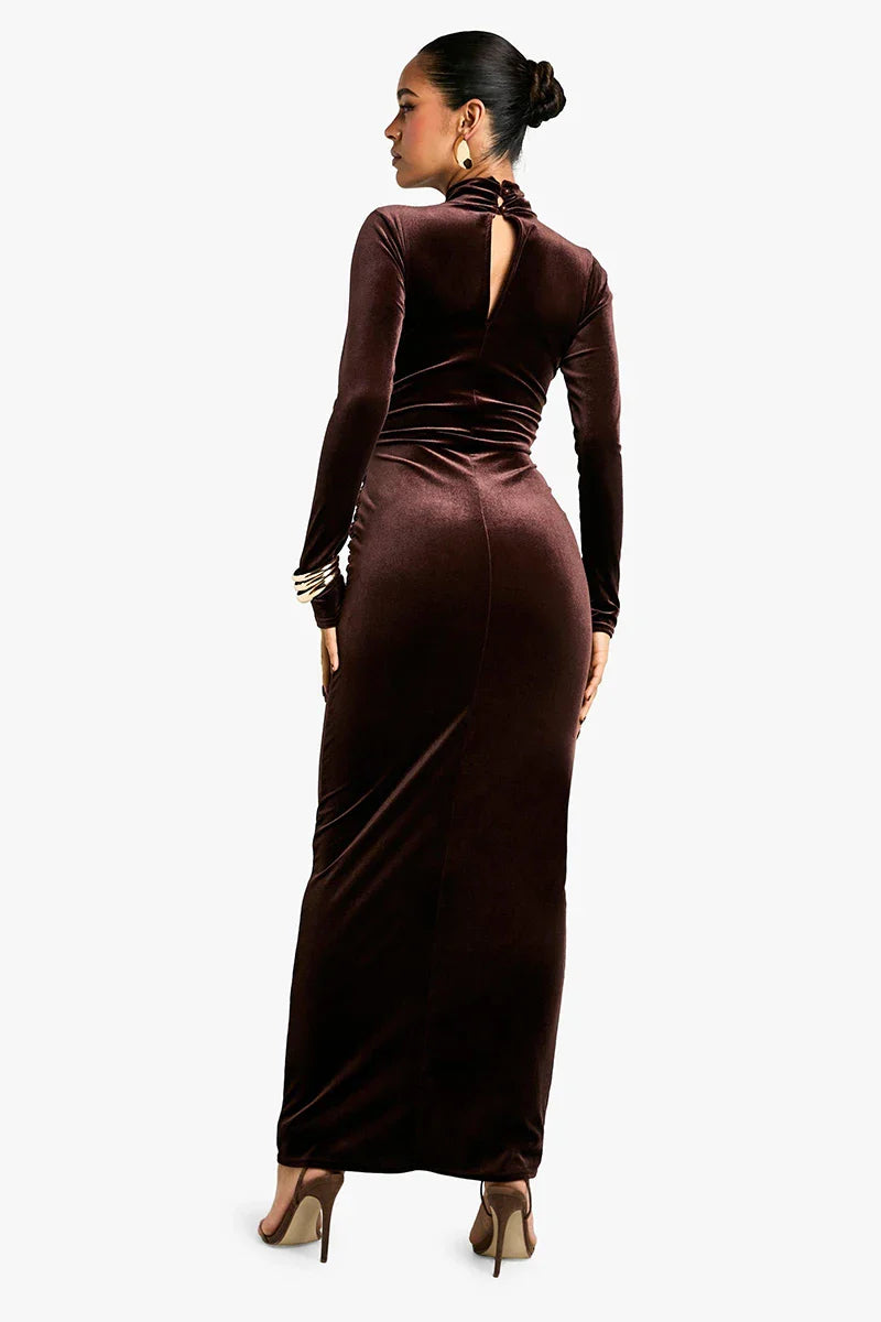 Velvet maxi dress with turtleneck and tie design - Karina