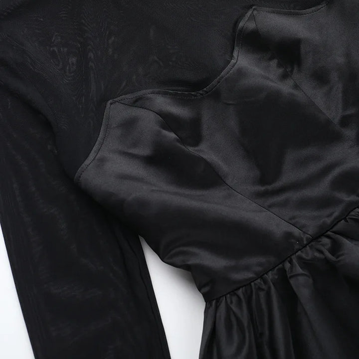 Balloon satin mini dress with mesh and half turtleneck design - Moran