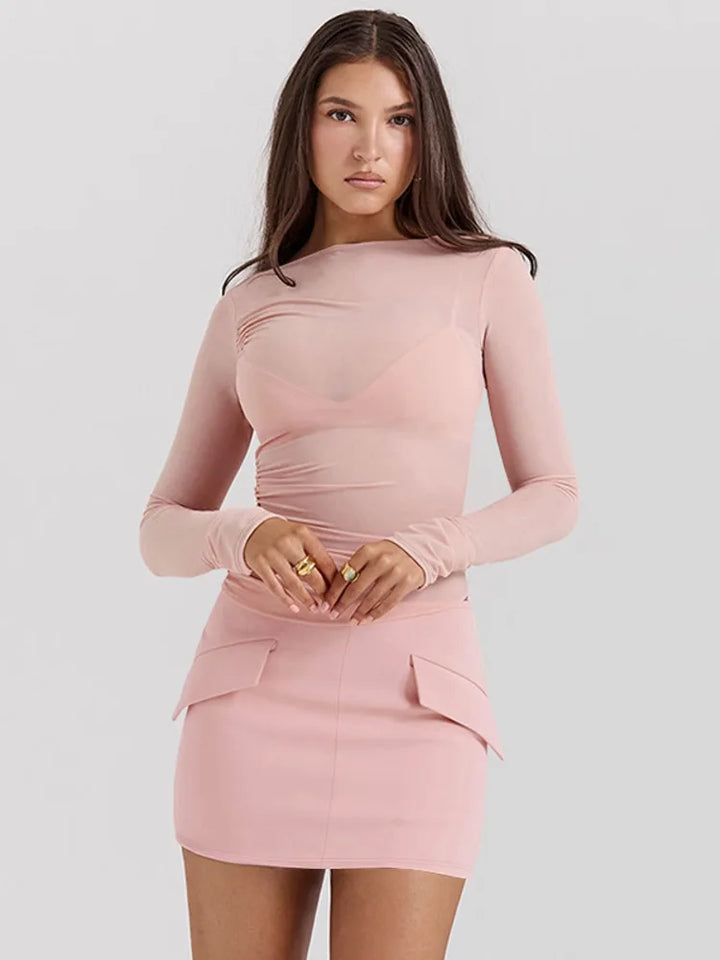 Three-Piece Set: Mini Skirt, Shirt, and Fitted Corset with Pocket Detail - Pearl