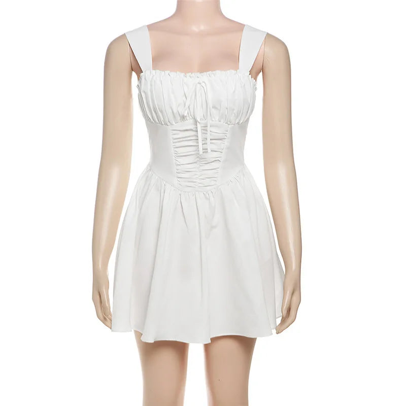 White mini dress in A-line cut with rustic design - AYLIN
