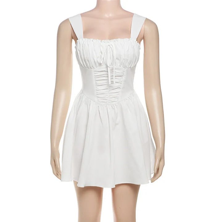 White mini dress in A-line cut with rustic design - AYLIN
