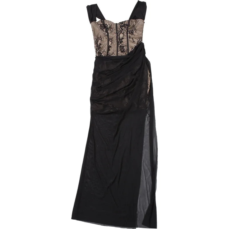 Maxi Lace Dress with Chiffon Detail and Off-Shoulder - Elouise