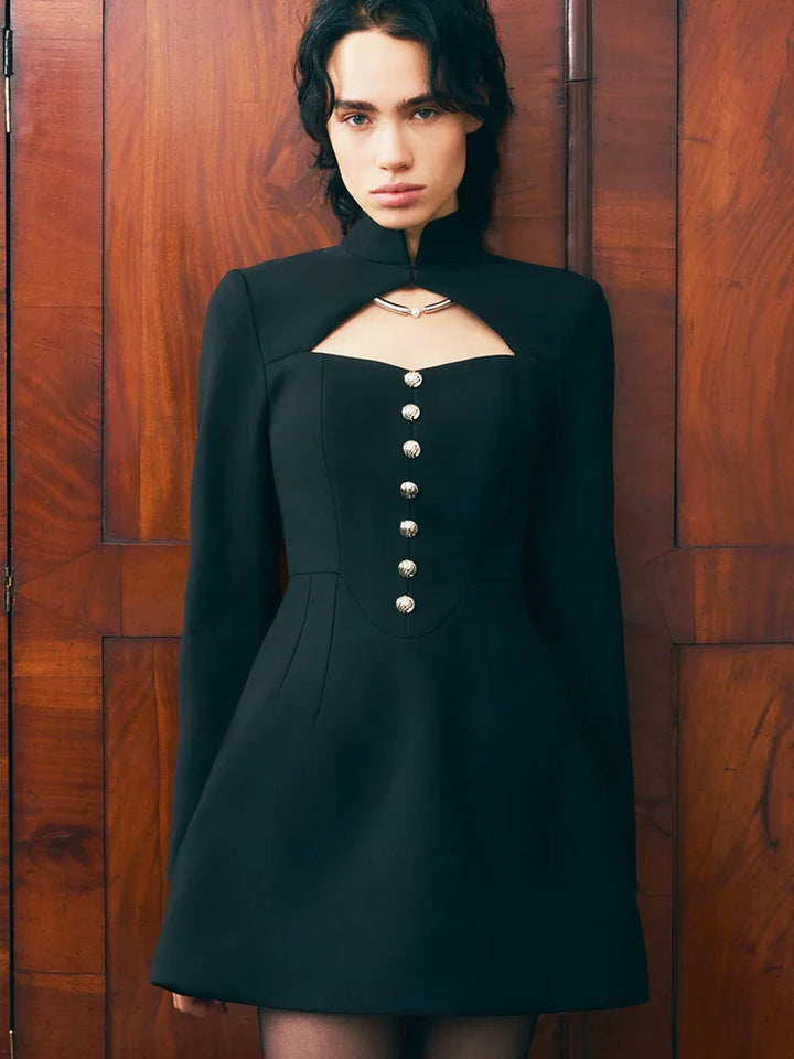 Fitted Mini Dress with Turtleneck and A-Line Cut with Button Decoration - Mary Line