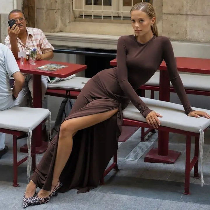Maxi Dress with Ruching and Deep Slit - Diane