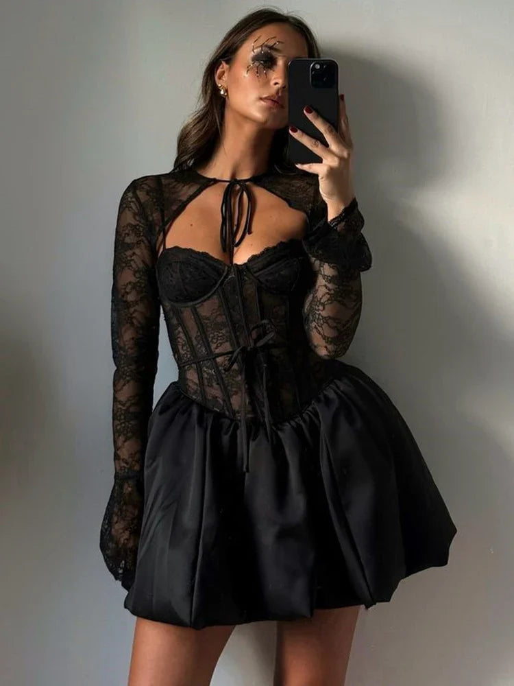 Balloon cut satin mini dress with corset design and lace cap sleeves - Miala