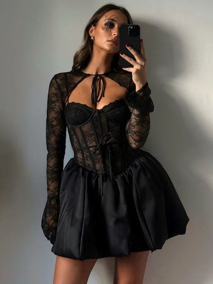Balloon cut satin mini dress with corset design and lace cap sleeves - Miala