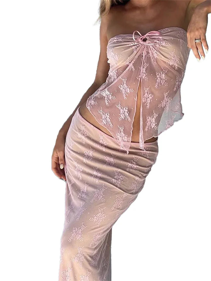 Two-Piece Set: Maxi Skirt and Top with Illustration Decoration - Gisel