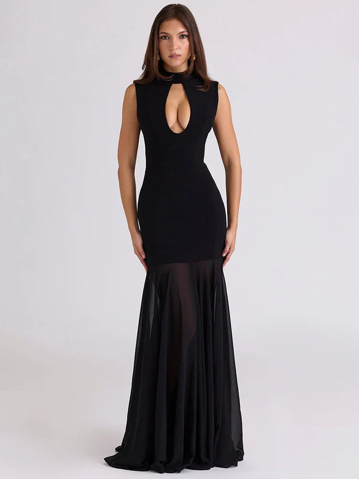 Maxi Dress with Collar and Chiffon Design - DARIA