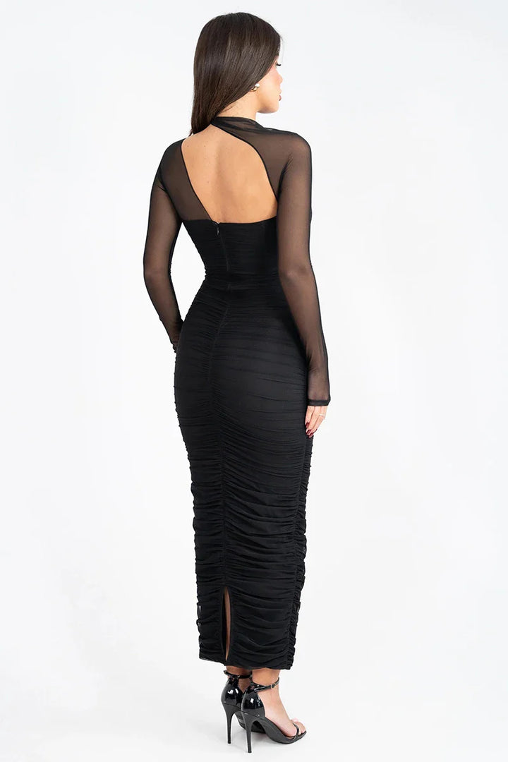 Maxi dress with ruching in shaping fabric and mesh sleeves - LIBAR