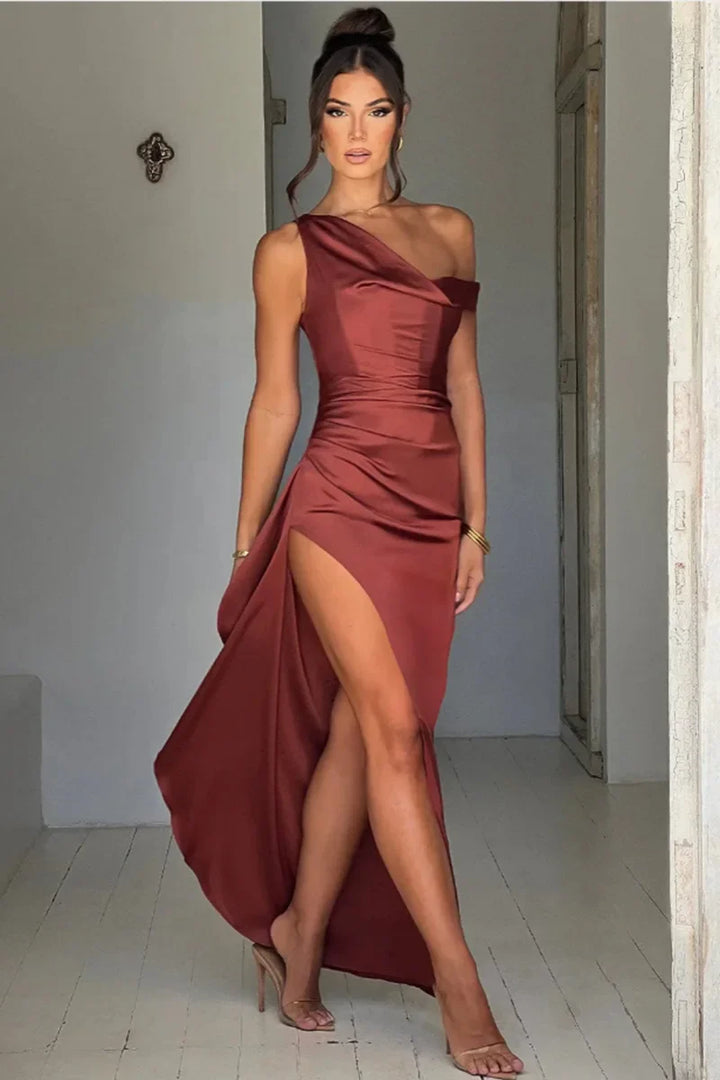 Satin Maxi Dress with Slit and One Shoulder Design - Emiliana