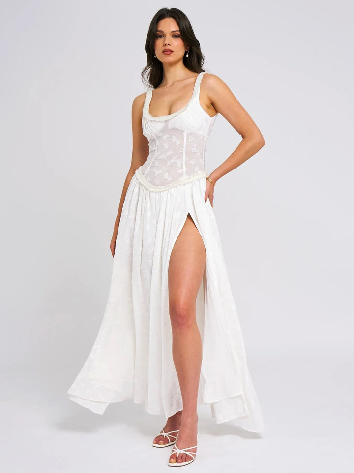 Chiffon Maxi Dress with Floral Embroidery, A-Line Cut, and Slit Design - Alejandra