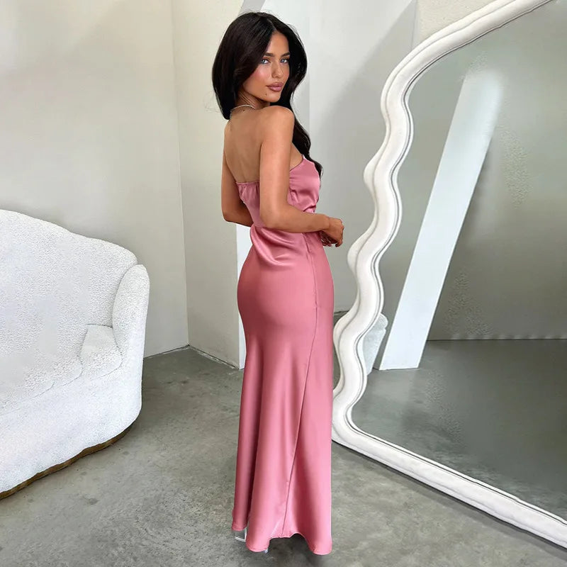 Maxi Strapless Satin Dress with Pleated Design - Rosa
