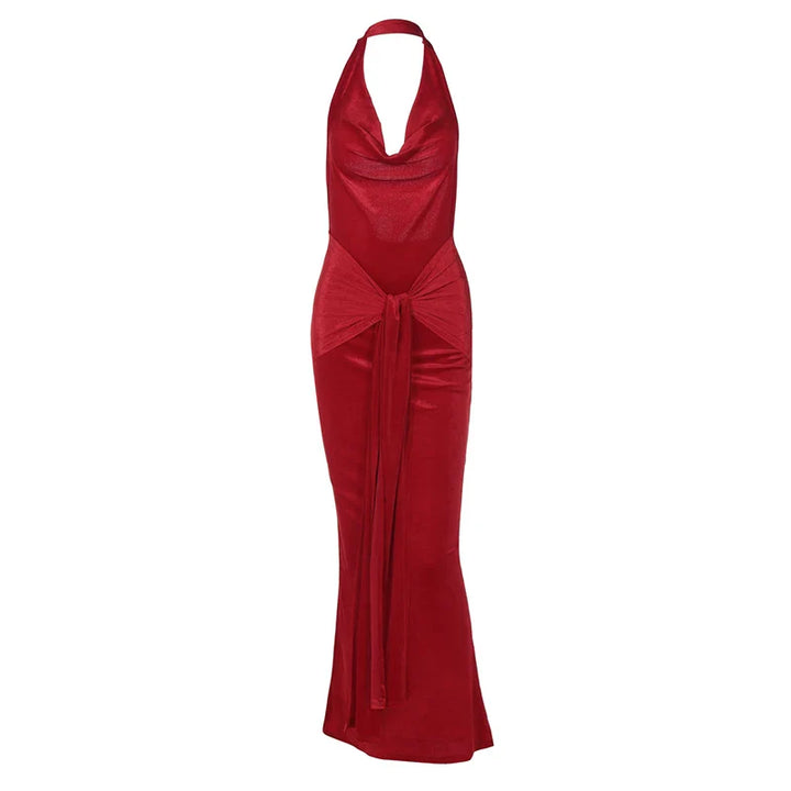 Velvet maxi dress with tie decoration - Marianela