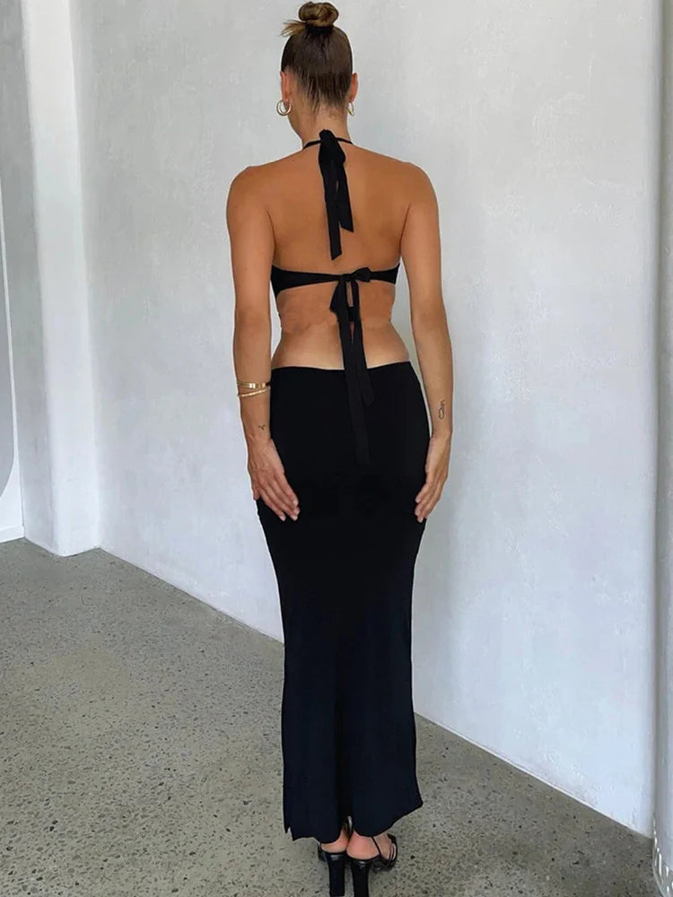 Maxi Dress with Deep V-Neck and Open Back - Melanie