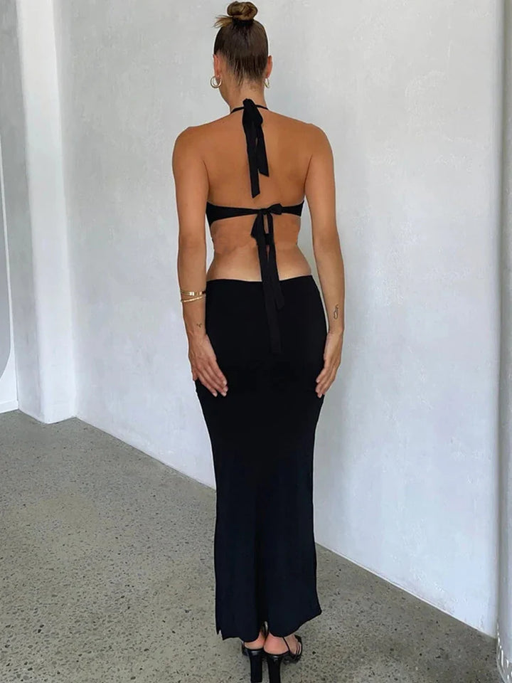 Maxi Dress with Deep V-Neck and Open Back - Melanie