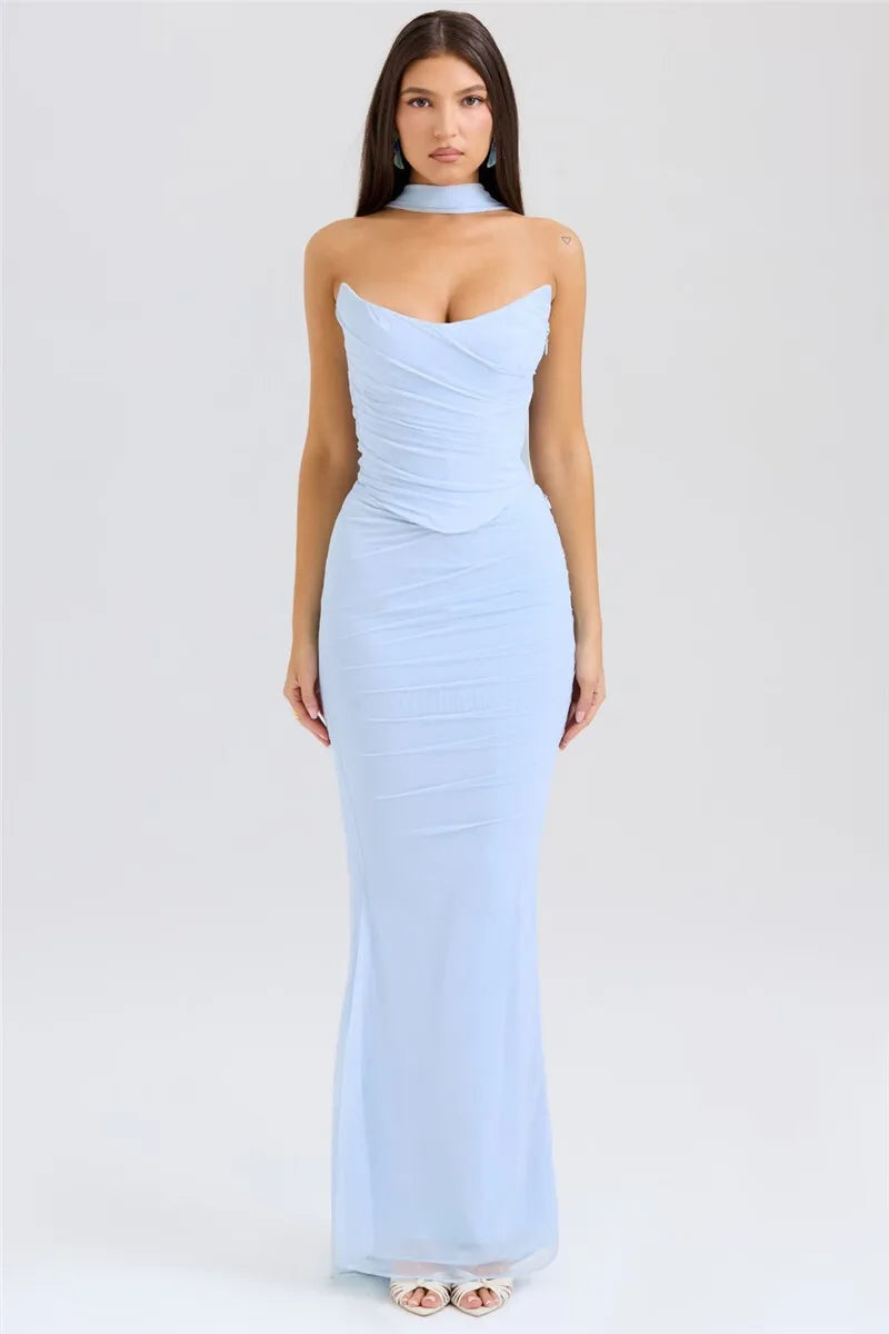 Two-Piece Set with Strapless Top and Maxi Skirt with Matching Scarf Detail - Francia