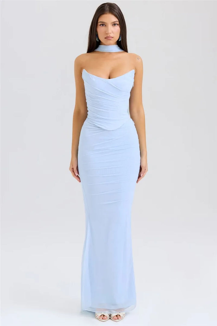 Two-Piece Set with Strapless Top and Maxi Skirt with Matching Scarf Detail - Francia