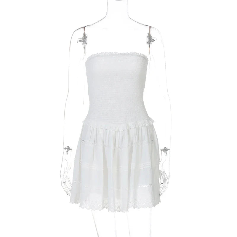 A-Line Strapless Mini Dress with Ruching and Lace Detail - Lavin
