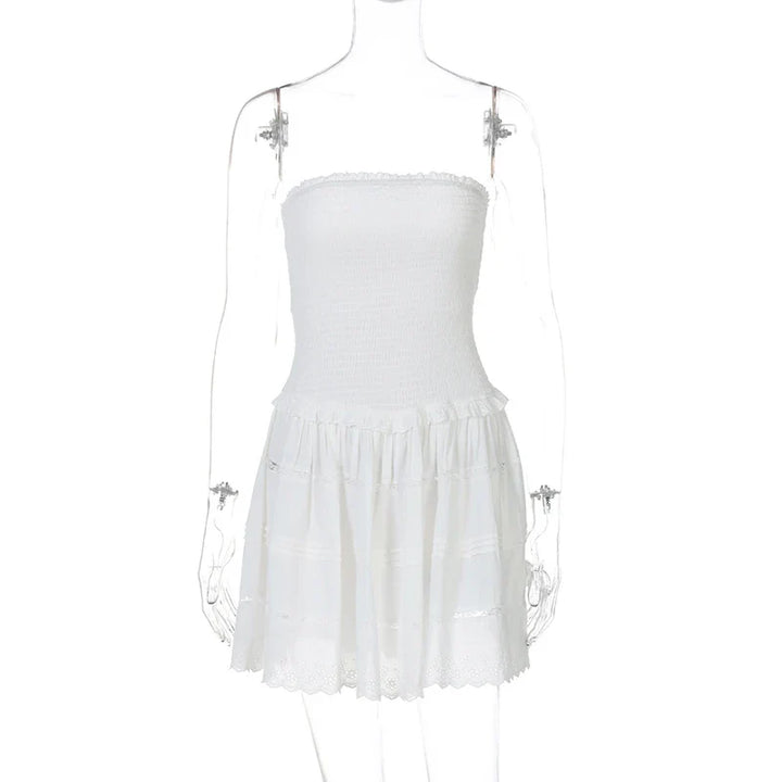 A-Line Strapless Mini Dress with Ruching and Lace Detail - Lavin