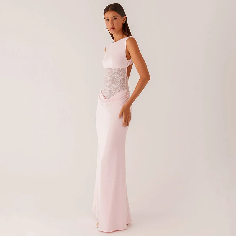 Maxi Dress with Lace and Pleats, Open Back - Lilin