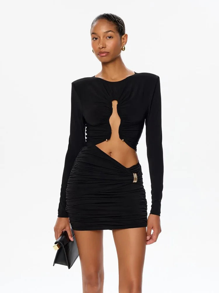 Mini Dress with Ruching and Buckles and Cutouts Decoration - REYNI
