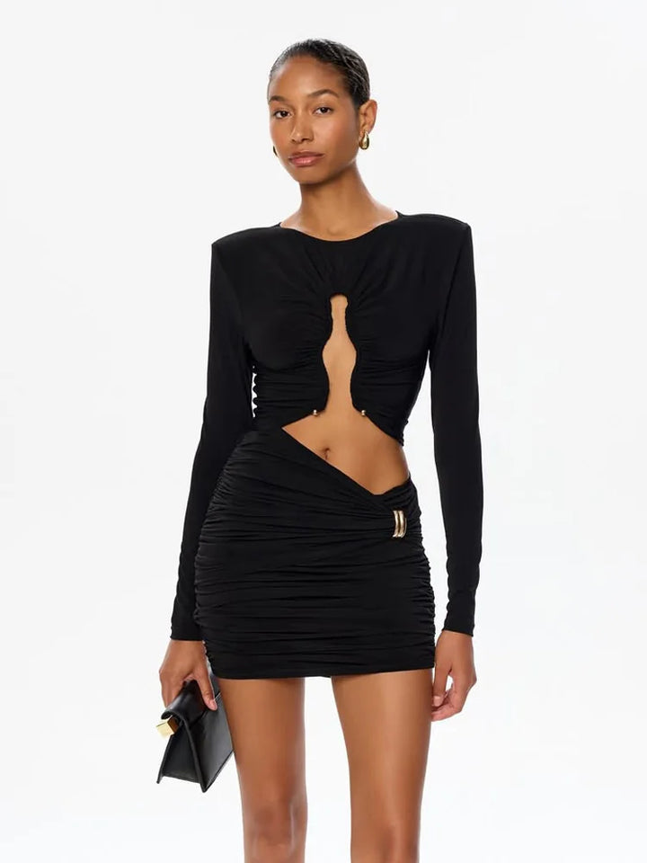 Mini Dress with Ruching and Buckles and Cutouts Decoration - REYNI