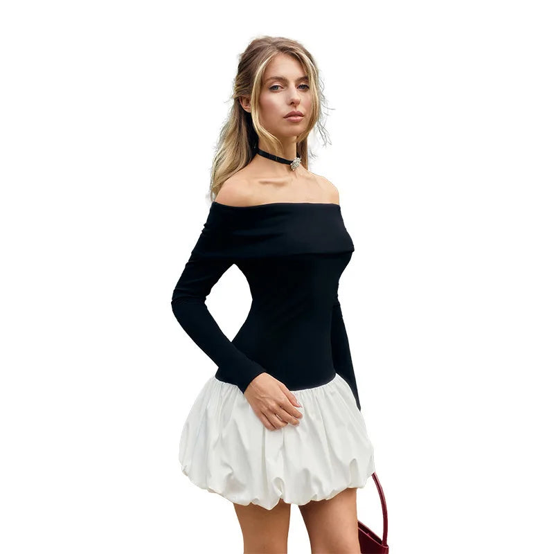 Monochrome balloon mini dress with bare shoulders - Lis