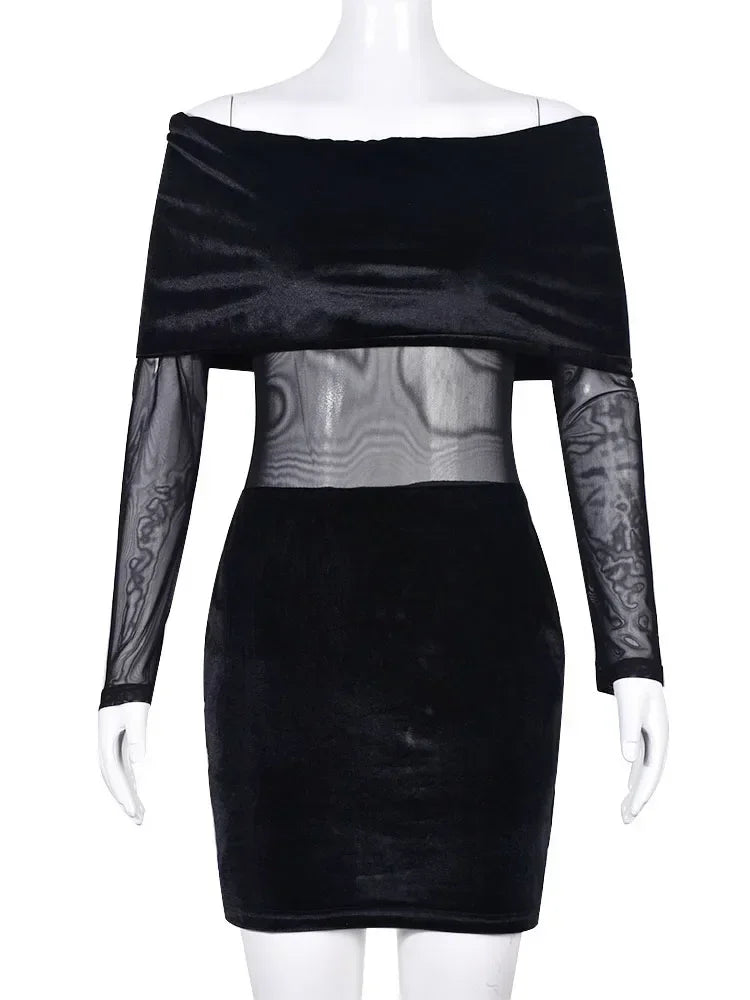 Velvet off-shoulder mini dress with mesh design - Shariel