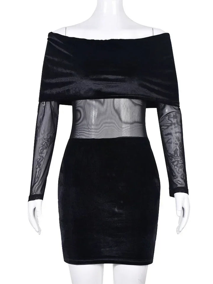 Velvet off-shoulder mini dress with mesh design - Shariel