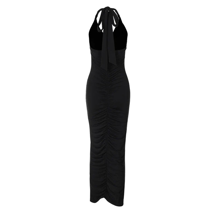 Maxi Dress with Ruching, Open Back, and Neck Tie - Lima