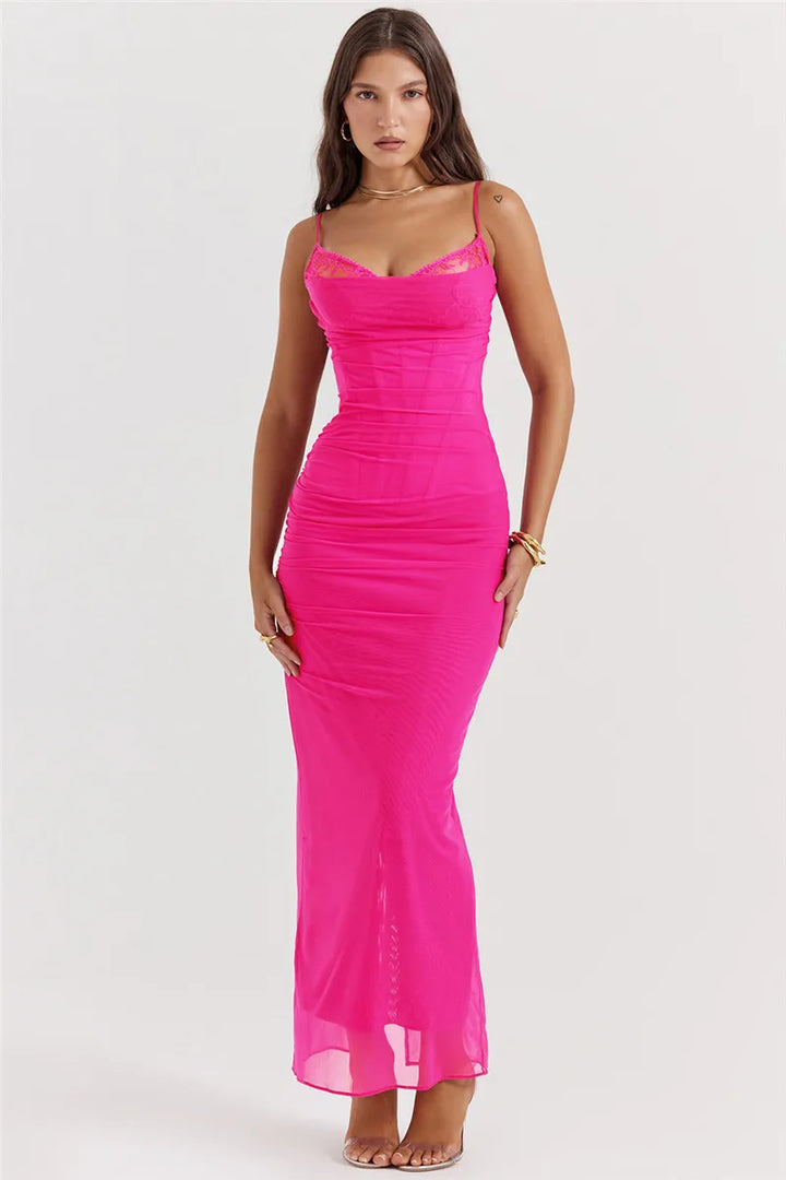 Fitted Maxi Chiffon Dress with Lace Details - Rosalia
