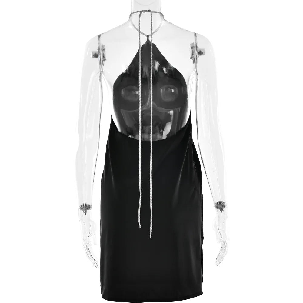 Satin mini dress with sparkling sequin threads tied at neck - Colin