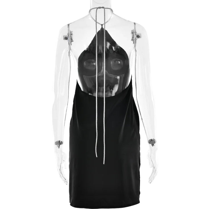 Satin mini dress with sparkling sequin threads tied at neck - Colin