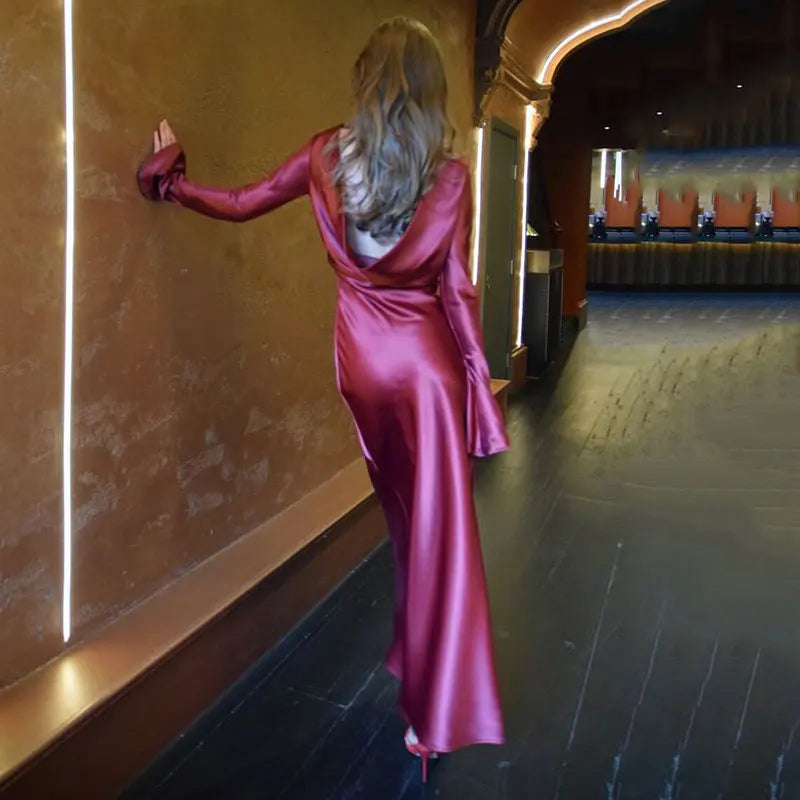 Maxi satin evening dress with open back, slit, and bell sleeves - Marian