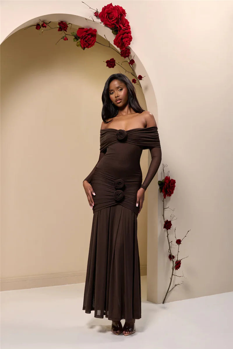 Off-shoulder maxi dress with ruching and floral appliqué decoration - Angelica