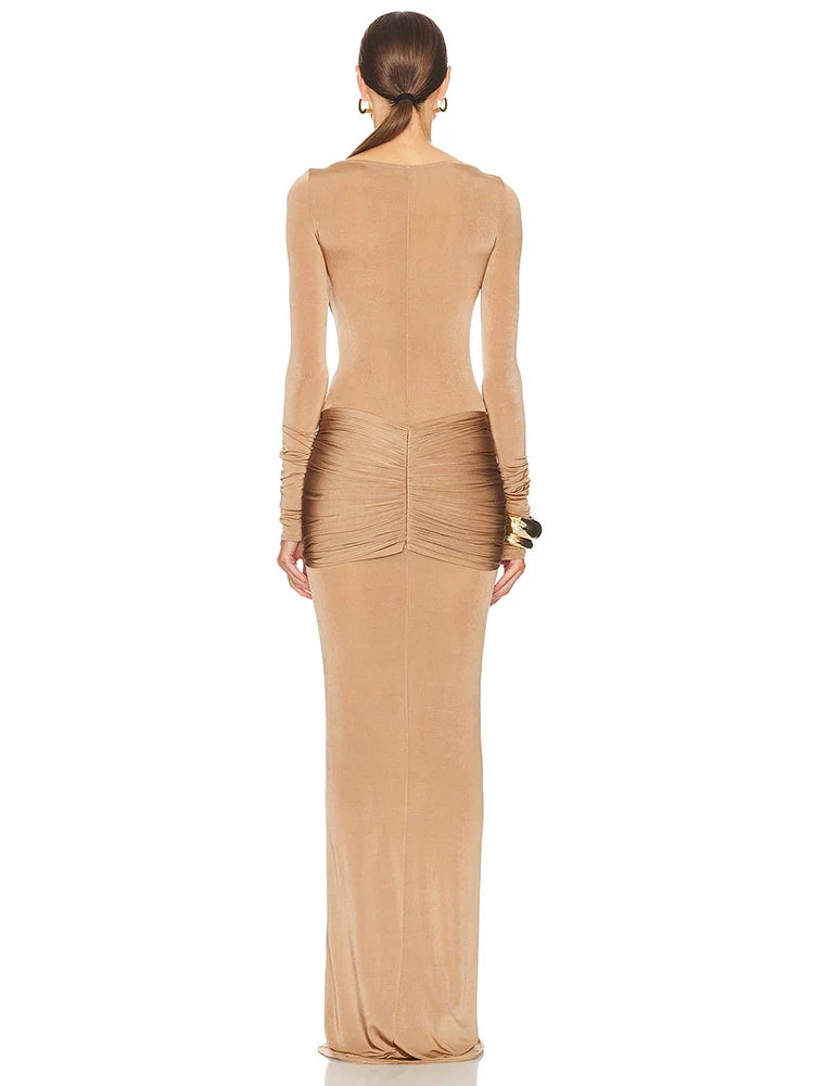 Fitted maxi dress with ruching design in shiny fabric - Ori