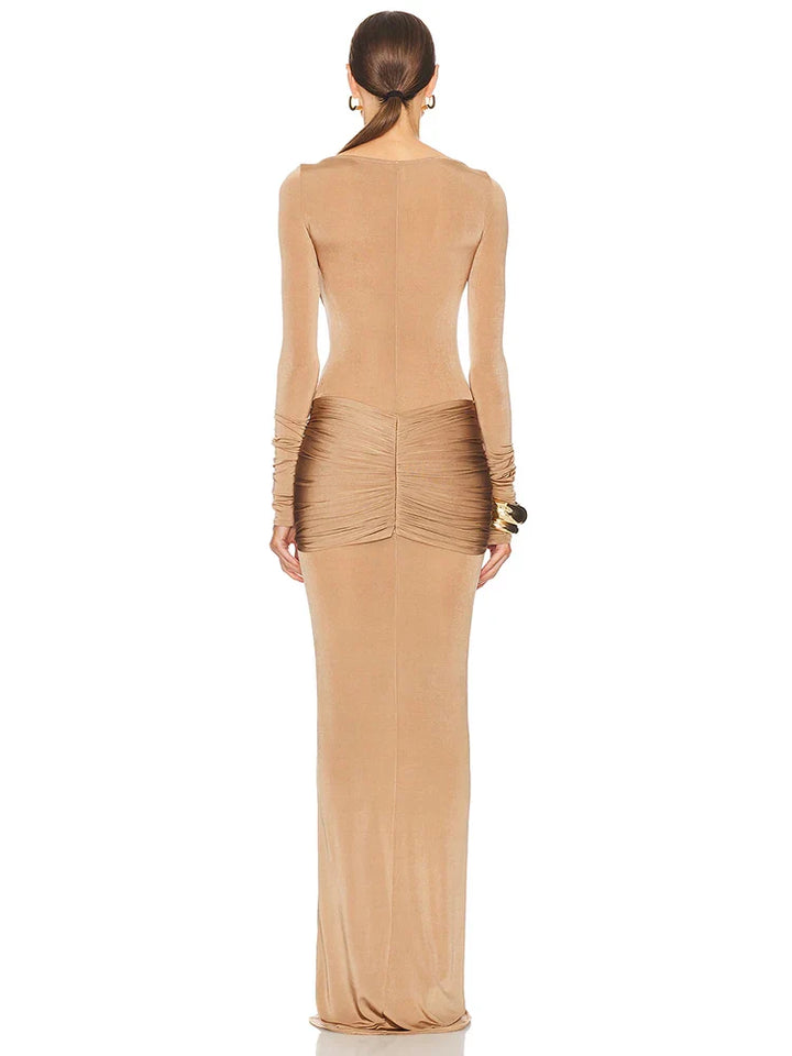 Fitted maxi dress with ruching design in shiny fabric - Ori