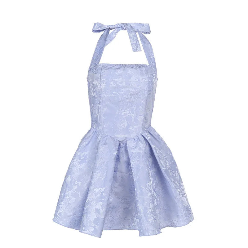 A-Line Mini Dress with Floral Embroidery and Neck Tie - Al Arieh