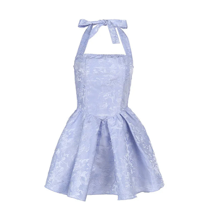 A-Line Mini Dress with Floral Embroidery and Neck Tie - Al Arieh