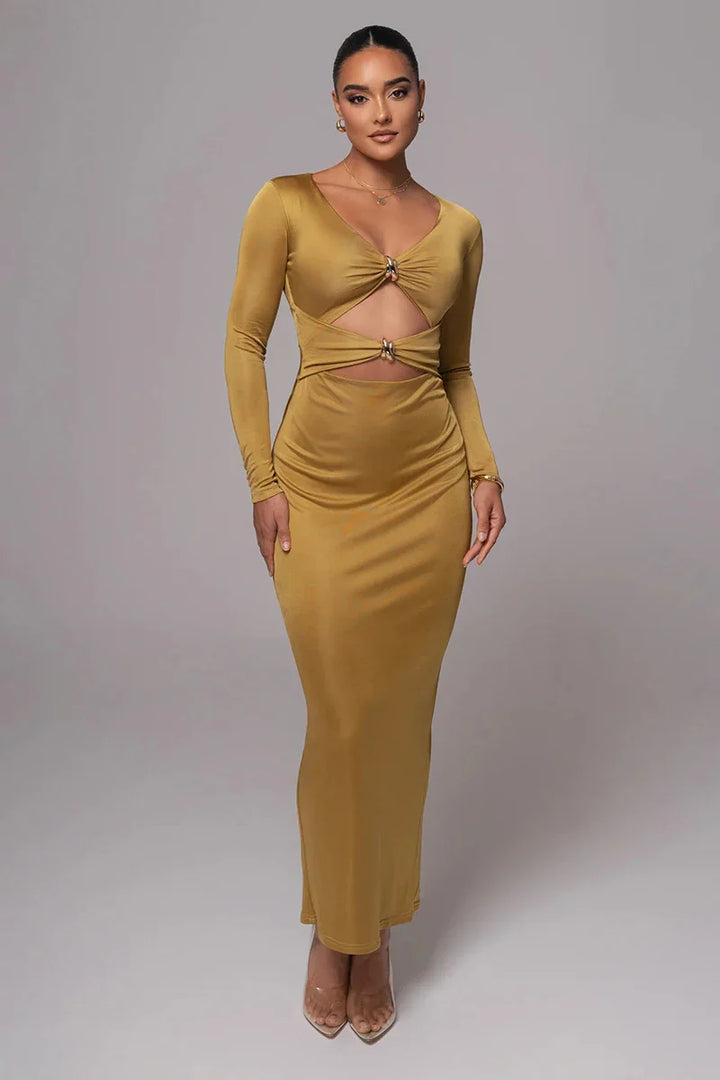 Fitted Shaping Fabric Maxi Dress with Cutouts and Buckles - Lauren