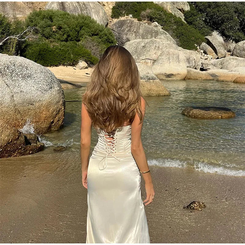Strapless satin maxi dress with slit and back tie for waist fit with lace trim - Malachi
