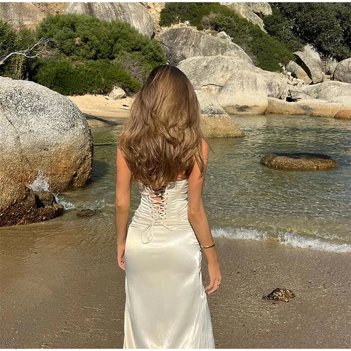 Strapless satin maxi dress with slit and back tie for waist fit with lace trim - Malachi