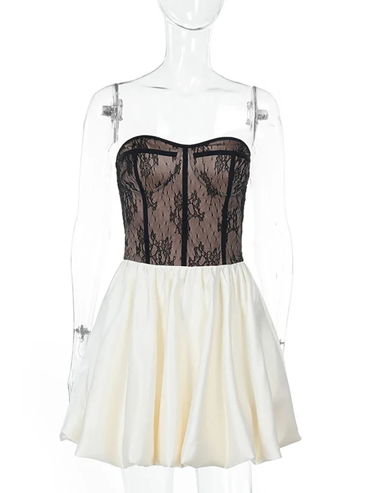 Strapless Balloon Mini Dress with Lace Ruffle Design - Amari