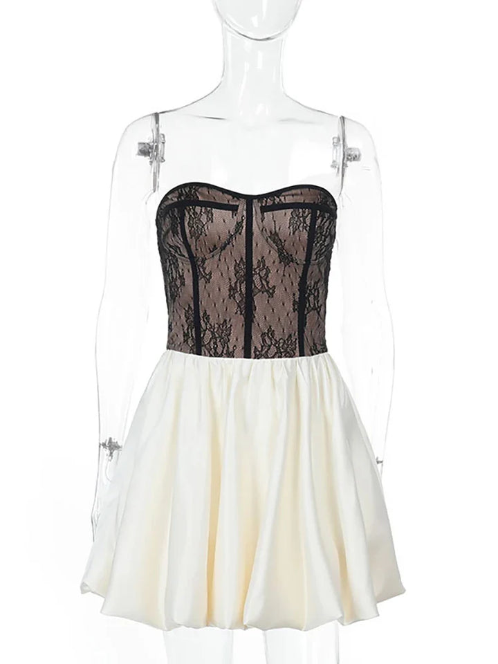 Strapless Balloon Mini Dress with Lace Ruffle Design - Amari