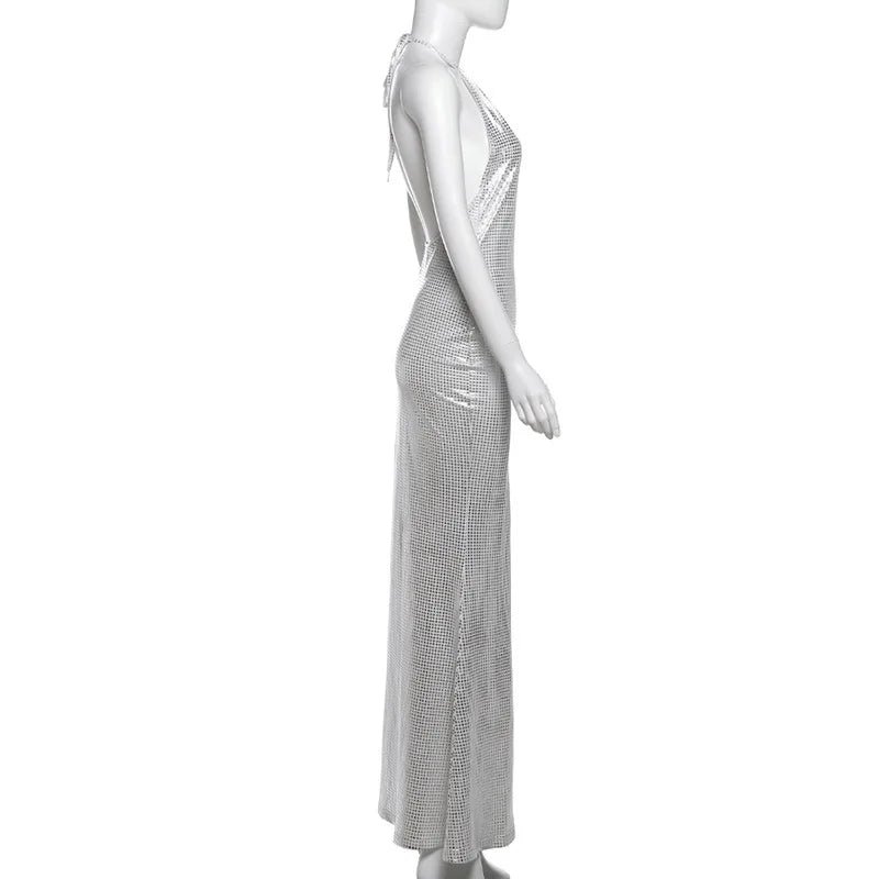 Maxi Dress with Collar, Open Back, and Sparkling Square Design - Casey